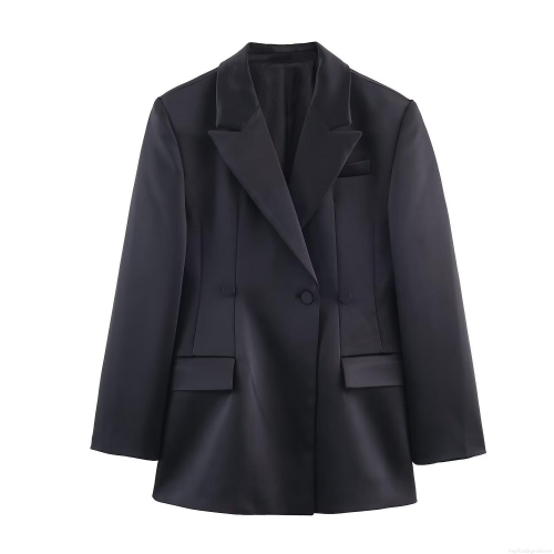 Women's Elegant Slim Fit Double Breasted Blazer Jacket Fashion Satin Texture Polyester Long Sleeve Business Work Office Suit Coat