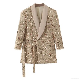 Women Sequin Tweed Polyester Blazer Jacket Elegant Shawl Collar Lace-Up Suit Coat Vintage Luxury Champagne Gold Outerwear For Office Party Work Formal Fashion Long Sleeve Blazer