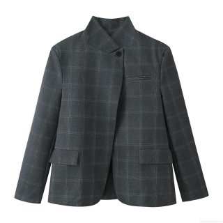 Women's Plaid Blazer Jacket Stand Collar Asymmetric Single Button Long Sleeve Checkered Suit Coat Casual Office Outerwear Retro Oversized Blazer