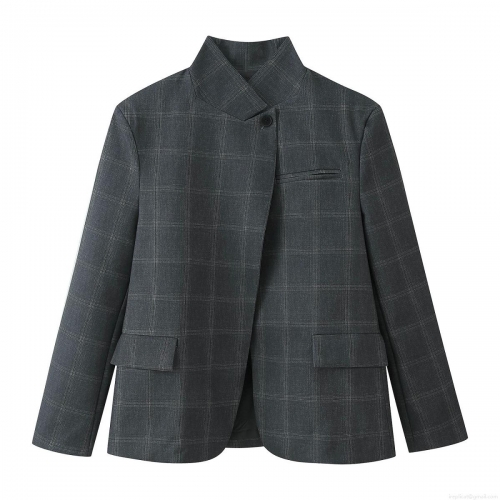Women's Plaid Blazer Jacket Stand Collar Asymmetric Single Button Long Sleeve Checkered Suit Coat Casual Office Outerwear Retro Oversized Blazer