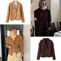 Women's Elegant Faux Suede Blazer Jacket Short Style Single Button V-Neck Coat Fashion Polyester Outwear For Ladies