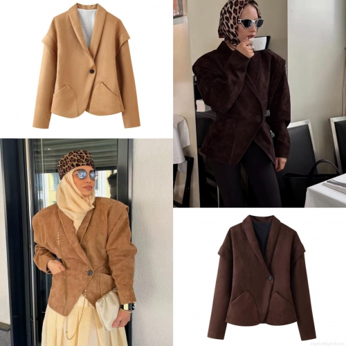 Women's Elegant Faux Suede Blazer Jacket Short Style Single Button V-Neck Coat Fashion Polyester Outwear For Ladies