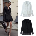 Women Fashion Polyester Lace Patchwork Long Sleeve Blazer Jacket Elegant Solid Color Lapel Outerwear With Button For Office Daily Lady Streetwear