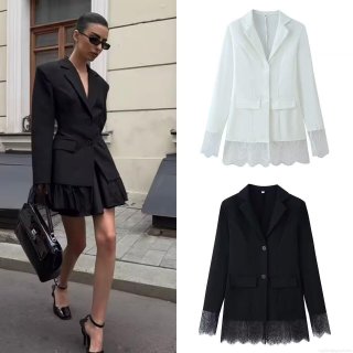 Women Fashion Polyester Lace Patchwork Long Sleeve Blazer Jacket Elegant Solid Color Lapel Outerwear With Button For Office Daily Lady Streetwear