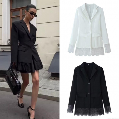 Women Fashion Polyester Lace Patchwork Long Sleeve Blazer Jacket Elegant Solid Color Lapel Outerwear With Button For Office Daily Lady Streetwear
