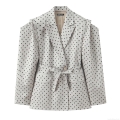 Women's Fashion Polka Dot Blazer Elegant Long Sleeve Suit Jacket With Belt Casual V-Neck Outerwear For Office Lady Commuter Style