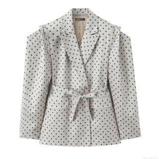 Women's Fashion Polka Dot Blazer Elegant Long Sleeve Suit Jacket With Belt Casual V-Neck Outerwear For Office Lady Commuter Style