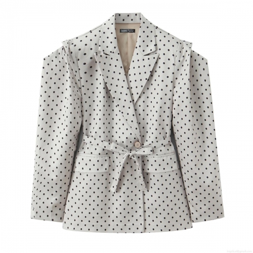 Women's Fashion Polka Dot Blazer Elegant Long Sleeve Suit Jacket With Belt Casual V-Neck Outerwear For Office Lady Commuter Style