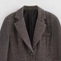 Women Herringbone Blazer Jacket Long Sleeve Notch Lapel Loose Fit Regenerated Cellulose Fiber Faux Woolen Coat Office Lady Business Casual Outerwear Grey