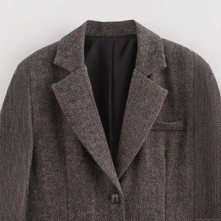 Women Herringbone Blazer Jacket Long Sleeve Notch Lapel Loose Fit Regenerated Cellulose Fiber Faux Woolen Coat Office Lady Business Casual Outerwear Grey