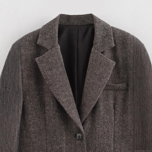 Women Herringbone Blazer Jacket Long Sleeve Notch Lapel Loose Fit Regenerated Cellulose Fiber Faux Woolen Coat Office Lady Business Casual Outerwear Grey