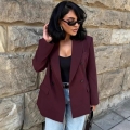 Women's Fashion Double Breasted Blazer Coat Elegant Notched Lapel Wine Red Woven Jacket For Office Daily Wear Stylish Long Sleeve Outerwear