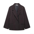 Women's Striped Blazer Jacket Oversized Double Breasted Polyester Notched Lapel Long Sleeve Casual Suit Coat For Office Lady Daily Wear