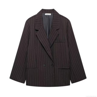 Women's Striped Blazer Jacket Oversized Double Breasted Polyester Notched Lapel Long Sleeve Casual Suit Coat For Office Lady Daily Wear