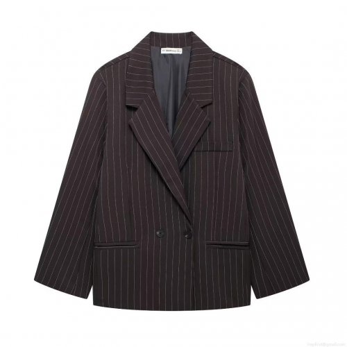 Women's Striped Blazer Jacket Oversized Double Breasted Polyester Notched Lapel Long Sleeve Casual Suit Coat For Office Lady Daily Wear