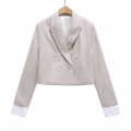 Women's Cropped Double Breasted Blazer Jacket 100% Cotton Light Gray Long Sleeve Lapel Suit Coat With White Shirt Cuff Stitching Office Commute Casual Professional Outerwear