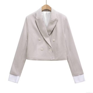 Women's Cropped Double Breasted Blazer Jacket 100% Cotton Light Gray Long Sleeve Lapel Suit Coat With White Shirt Cuff Stitching Office Commute Casual Professional Outerwear