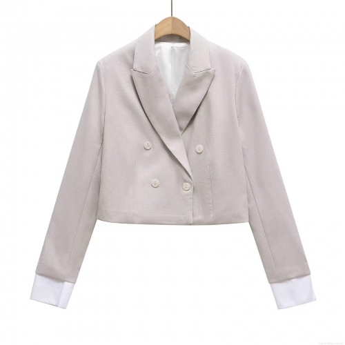 Women's Cropped Double Breasted Blazer Jacket 100% Cotton Light Gray Long Sleeve Lapel Suit Coat With White Shirt Cuff Stitching Office Commute Casual Professional Outerwear