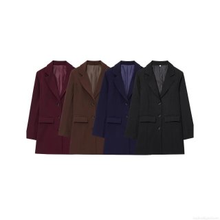 Women's Casual Blazer Jacket Polyester Twill Long Sleeve Single Breasted Mid-Length Professional Office Suit Jacket With Flap Pockets Solid Color Workwear Elegant Outerwear For Ladies