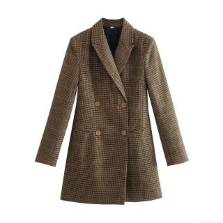 Women's Retro Houndstooth Plaid Double Breasted Blazer Jacket Mid-Length Loose Fit Polyester Casual Suit Coat Streetwear