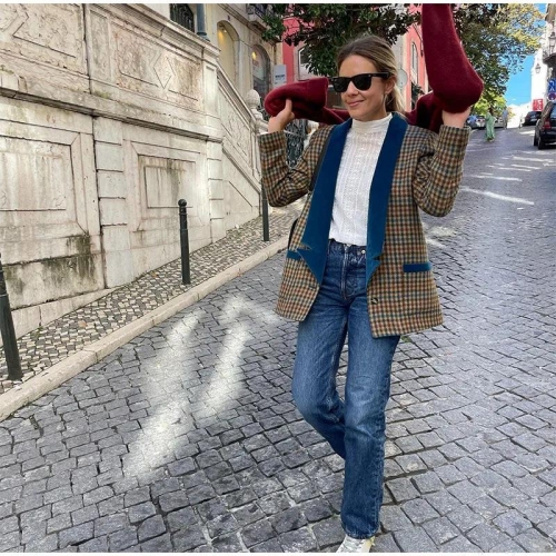 Women's Houndstooth Blazer Jacket Vintage Velvet Patchwork Notched Lapel Short Woolen Coat Casual Sophisticated Office Outerwear