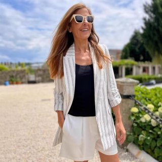 Women's Casual Polyester Blazer Elegant Solid Striped Long Sleeve Roll-up Sleeve Jacket With Gold Buttons Office Work Commuter Outerwear Suit For Women