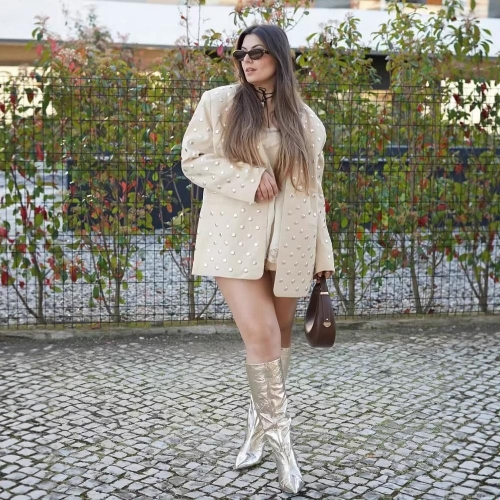 Women Studded Blazer Jacket Silver Metal Rivet Oversized Cream Beige Lapel Outerwear Fashion Casual Party Wear Socialite Style Long Sleeve Coat