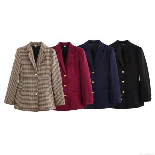 Women's Houndstooth Plaid Blazer Jacket Polyester Long Sleeve Single Breasted Office Commuter Coat Classic British Style Lapel Outerwear With Metal Buttons