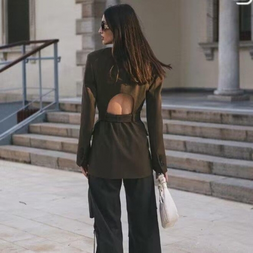 Women Backless Cutout Blazer Jacket With Belt Metal D-Ring Long Sleeve Solid Color Fashion Office Casual Trendy Streetwear Outerwear For Ladies