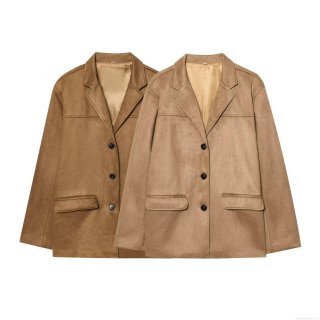 Women Fashion Casual Faux Suede Blazer Jacket Notch Lapel Single Breasted Solid Color Outerwear For Office Daily Wear Spring Autumn Brown Camel