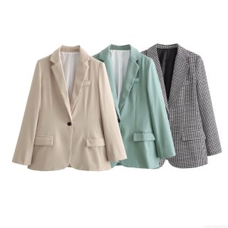 Women's Fashion One Button Blazer Jacket 100% Polyester Long Sleeve Lapel Suit For Office Commute Casual Elegant Ladies Outerwear Chic Solid Color Houndstooth Blazer