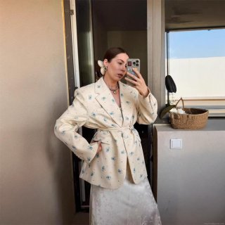 Women's Floral Print Blazer Polyester Notched Lapel Tie-Waist Short Jacket Elegant Sweet Long Sleeve Outerwear For Spring Autumn Daily Dating