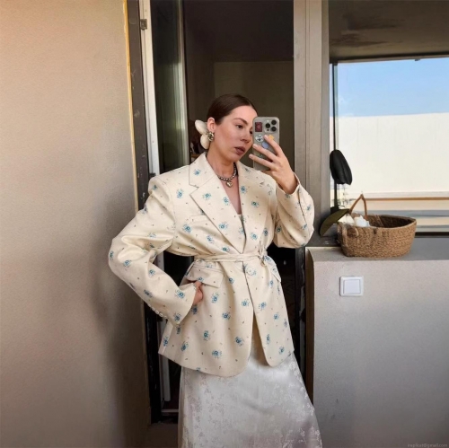 Women's Floral Print Blazer Polyester Notched Lapel Tie-Waist Short Jacket Elegant Sweet Long Sleeve Outerwear For Spring Autumn Daily Dating