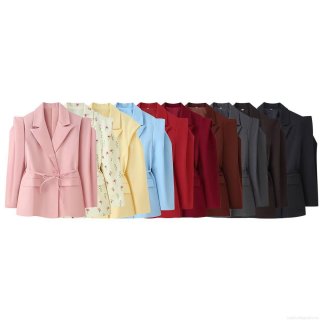 Women's Padded Shoulder Blazer Jacket Polyester Tie Waist Belt Lapel Long Sleeve Outerwear Commute Office Lady Solid Color Floral Print Coat