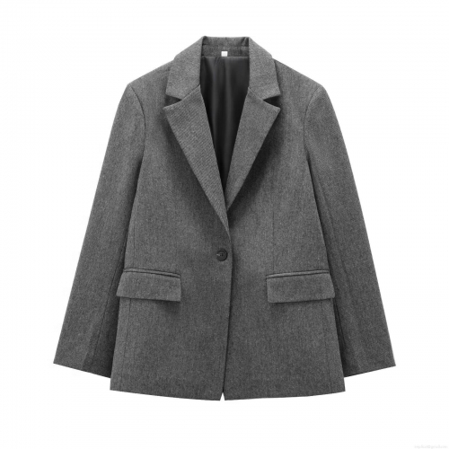 Women's Herringbone Wool Blend Blazer Loose Fit Notch Lapel Office Commuter Jacket Elegant Single Button Grey Outerwear With Flap Pockets