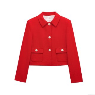 Women's Shoulder Pad Blazer Short Faux Linen Jacket Single Breasted V-Neck Outerwear Casual Vacation Style Solid Color Long Sleeve Top