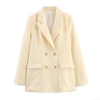 Women's Elegant Double-Breasted Blazer Jacket Solid Light Yellow Polyester Notched Lapel Mid-Length Outwear For Office Business Casual Commute