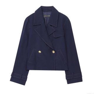 Elegant Women's Navy Blue Double Breasted Short Jacket Blazer Gold Buttons Contrast Topstitching Suit Collar Long Sleeve Polyester Blazer Outerwear
