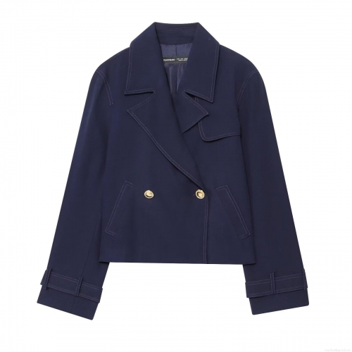 Elegant Women's Navy Blue Double Breasted Short Jacket Blazer Gold Buttons Contrast Topstitching Suit Collar Long Sleeve Polyester Blazer Outerwear