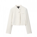 Women's Minimalist White Short Blazer Jacket Slim Fit Polyester Long Sleeve Stand Collar Solid Color Outerwear For Office Daily Lady Fashion