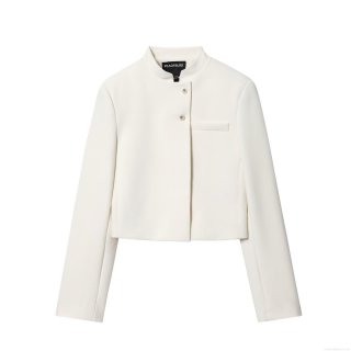 Women's Minimalist White Short Blazer Jacket Slim Fit Polyester Long Sleeve Stand Collar Solid Color Outerwear For Office Daily Lady Fashion