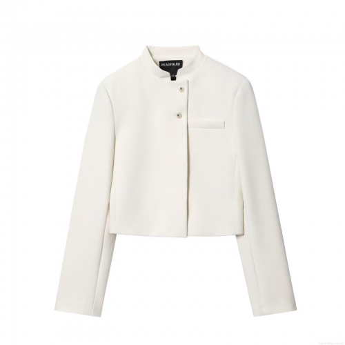 Women's Minimalist White Short Blazer Jacket Slim Fit Polyester Long Sleeve Stand Collar Solid Color Outerwear For Office Daily Lady Fashion