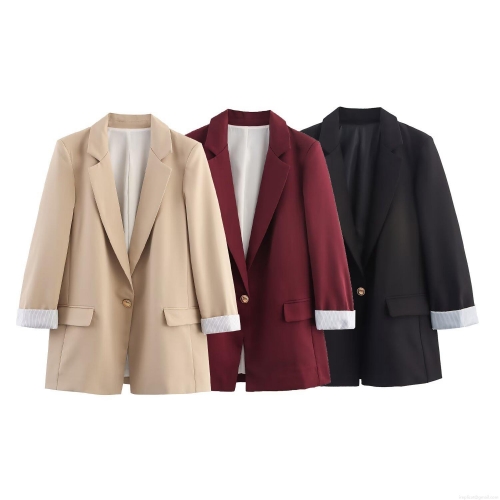 Women's Elegant Solid Blazer Jacket Polyester Blend Striped Lining Cuffs Single Breasted Suit Coat For Office Work Commute Daily Ladies Outwear