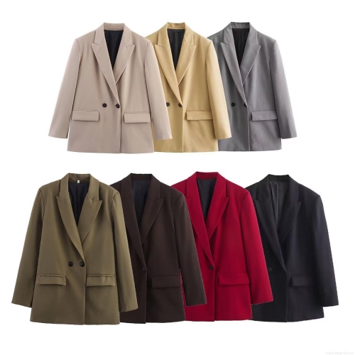 Women's Elegant Double-Breasted Blazer Notch Lapel Long Sleeve Polyester Suit Jacket For Office Commute Casual Solid Color Versatile Outerwear With Pockets