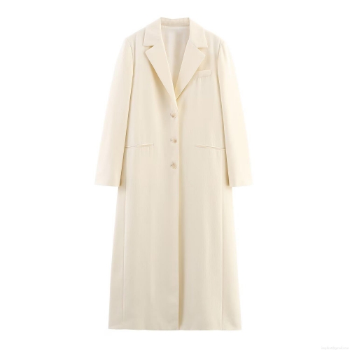 Women Longline Blazer Coat Solid Cream White Single Breasted Maxi Overcoat Elegant Office Lady Style Versatile Polyester Outerwear Jacket