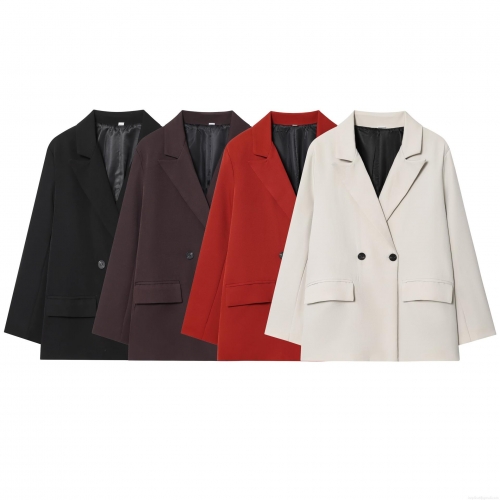 Women Double Breasted Blazer Notch Lapel Solid Color Casual Professional Suit Jacket Outerwear For Office Lady Elegant Workwear Blazers Coat