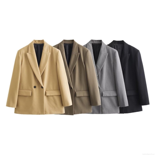 Women's Oversized Double Breasted Blazer Jacket Solid Color Lapel Long Sleeve Polyester Suit Jacket For Office Lady Casual Elegant Workwear Outerwear