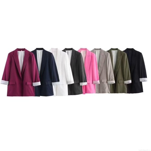 Women's Casual Linen Blend Blazer Open Front Jacket With Striped Lining Roll Up Long Sleeve Lapel Office Work Outerwear Solid Color Fashion Cardigan