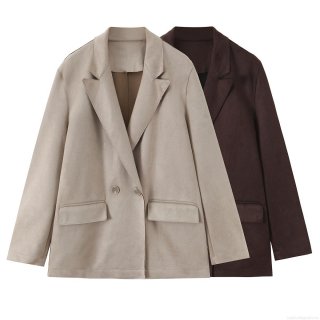 Women's Faux Suede Blazer Jacket Double Breasted Lapel Casual Business Office Suit Outerwear With Pockets Solid Color Elegant Autumn Spring Coat