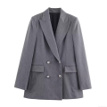 Women's Casual Business Blazer Jacket Double Breasted Polyester Blend Suit With Silver Buttons Lapel Long Sleeve Outerwear For Office Commute Lady